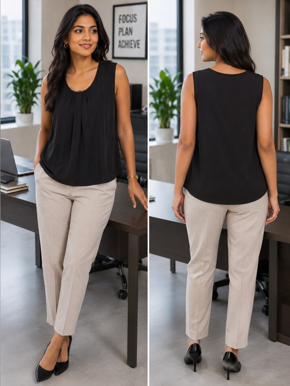 Simply Emma 1X Black Sleeveless Stretch Knit Top Gold Tone Neckline Accent 1X
